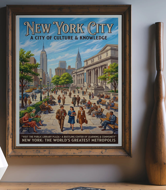 New York City poster featuring the skyline and library plaza, vintage style.