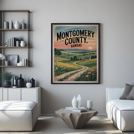 Vintage Montgomery County, Kansas poster with a rural landscape scene.