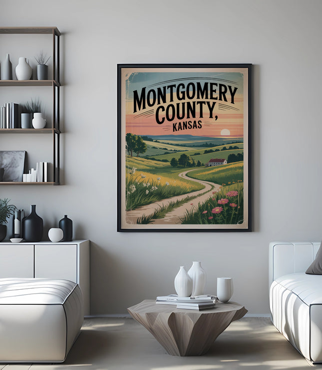 Vintage Montgomery County, Kansas poster with a rural landscape scene.