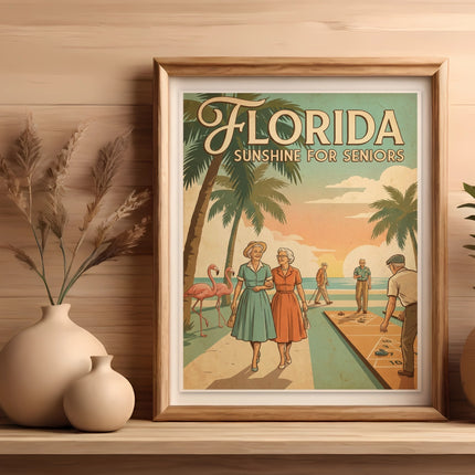 Vintage Florida sunshine for seniors poster featuring two women walking by palm trees.