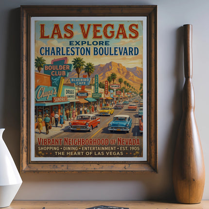 Vintage Las Vegas Charleston Boulevard art with cars, shops, and mountain scenery.