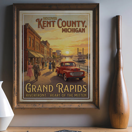 Vintage poster of Grand Rapids, Michigan with a riverboat, red truck, and people.