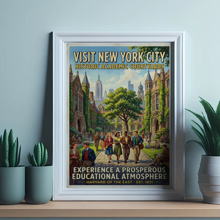 New York City historic academic courtyards poster with people strolling.