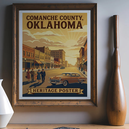 Comanche County, Oklahoma heritage poster featuring vintage street scene with retro car and people.