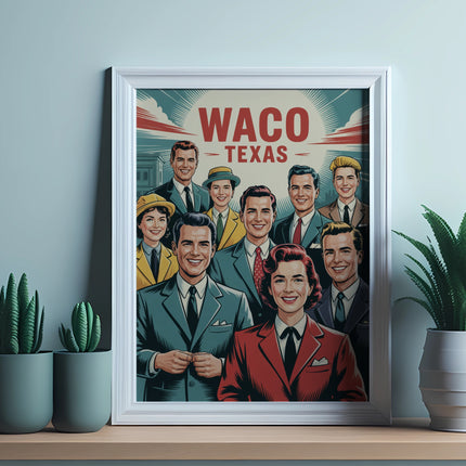 Framed vintage poster featuring a group of smiling people and "Waco Texas" text.