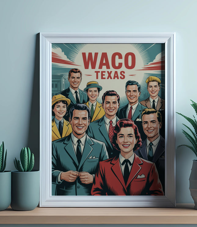 Framed vintage poster featuring a group of smiling people and "Waco Texas" text.