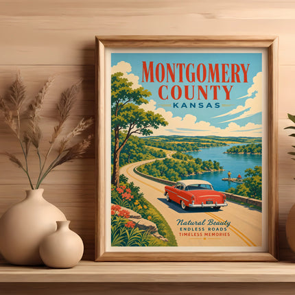 Vintage travel poster for Montgomery County, Kansas, featuring a red car on a road near a lake.