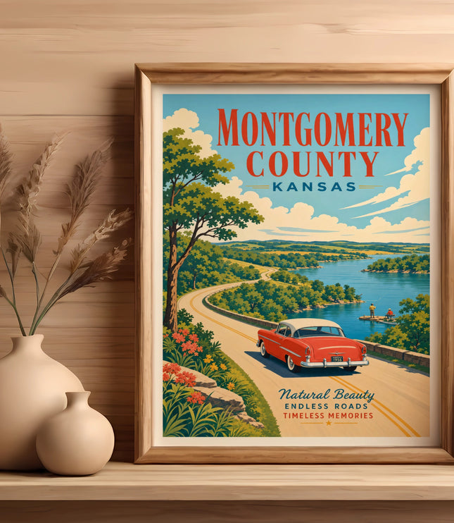 Vintage travel poster for Montgomery County, Kansas, featuring a red car on a road near a lake.