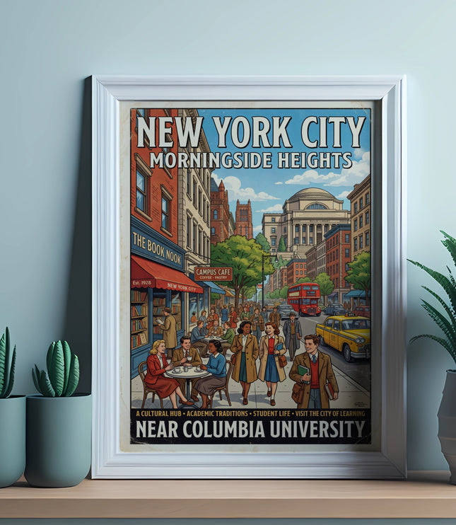New York City Morningside Heights poster with Butler Library and street scene near Columbia University.