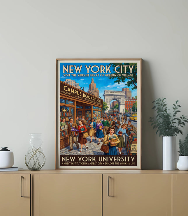 New York City vintage poster for NYU Campus Bookstore in Greenwich Village.