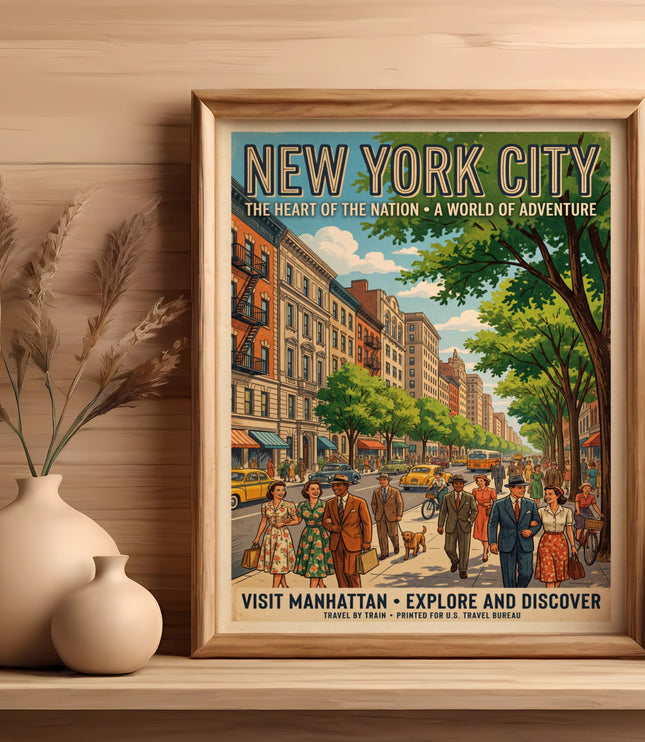 New York City vintage travel poster showing people on street.