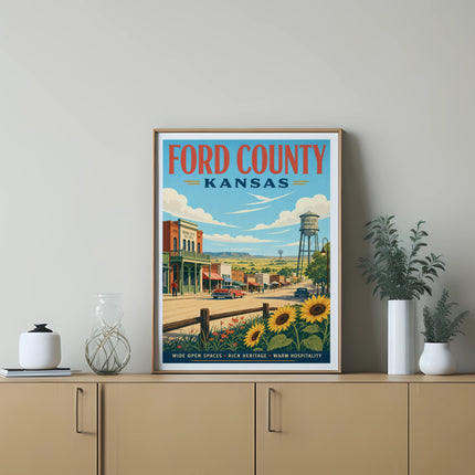 Ford County, Kansas poster with Dodge City, sunflowers, and historic buildings.