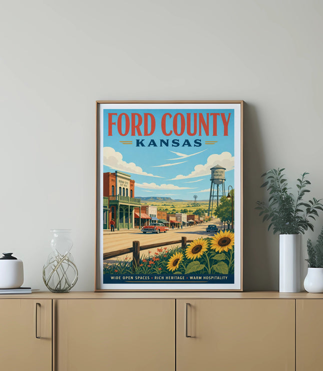 Ford County, Kansas poster with Dodge City, sunflowers, and historic buildings.