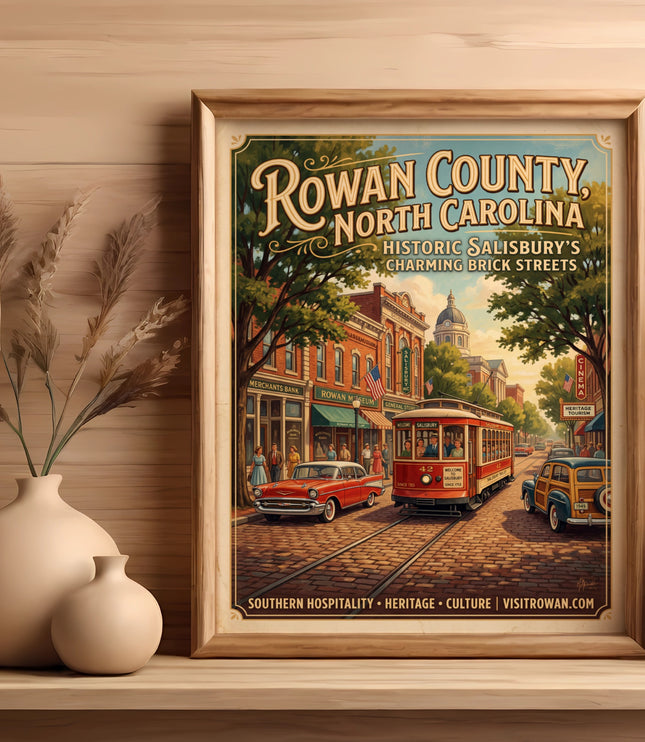 Framed advertisement for Rowan County, North Carolina, showing a trolley and vintage cars.