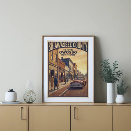 Framed vintage poster of Shiawassee County Owosso Downtown scene with classic car.