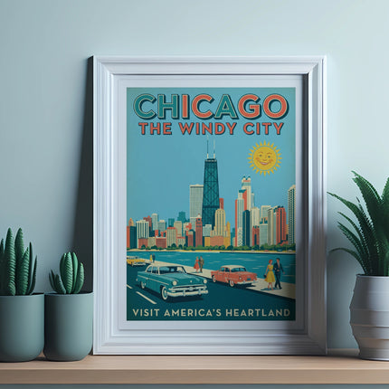 Vintage Chicago the Windy City travel poster with skyline and cars.