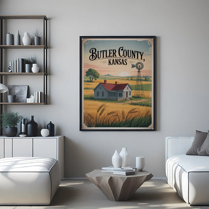 Framed vintage poster of Butler County, Kansas with farmhouse and windmill.
