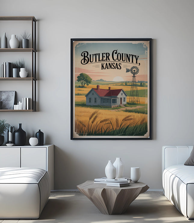 Framed vintage poster of Butler County, Kansas with farmhouse and windmill.