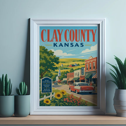 Clay County, Kansas vintage travel poster featuring a classic car.
