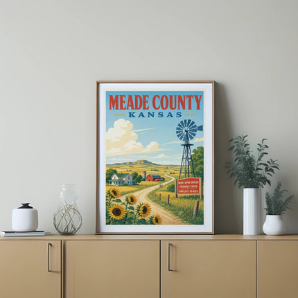 Vintage poster of Meade County, Kansas with sunflowers and a windmill.