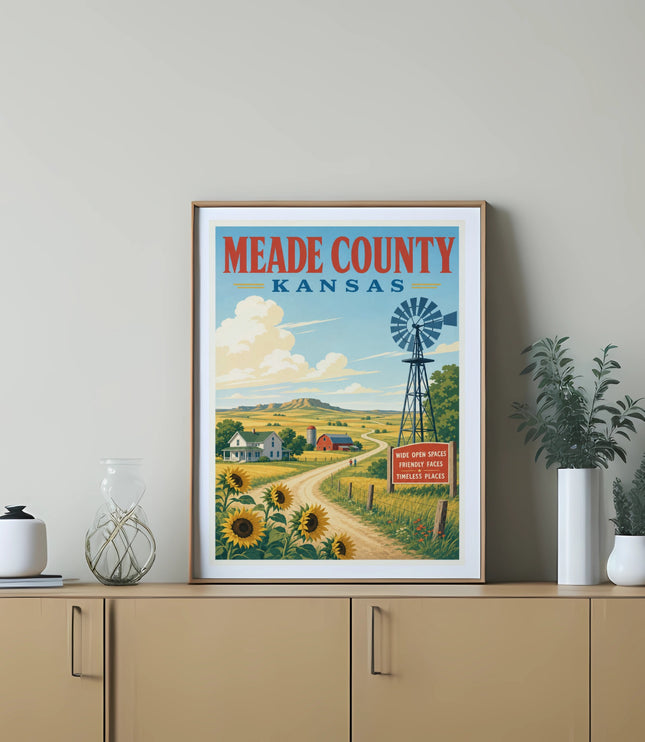 Vintage poster of Meade County, Kansas with sunflowers and a windmill.