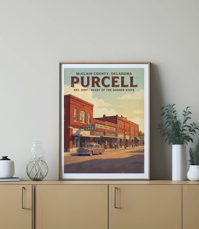 Purcell, Oklahoma vintage travel poster showing Main Street and signs for Cafe and Hardware.