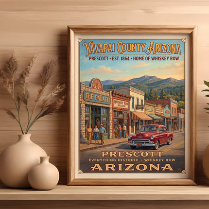 Vintage poster of Prescott, Arizona featuring Whiskey Row, a red car, and people.