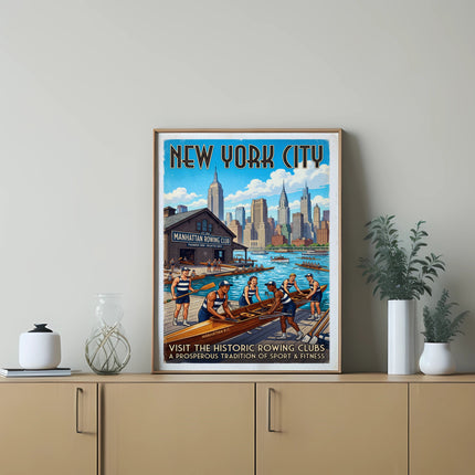 Vintage New York City Manhattan Rowing Club poster with rowers.