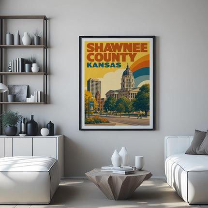 Shawnee County Kansas travel poster with colorful rainbow and state capitol building.