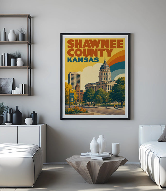 Shawnee County Kansas travel poster with colorful rainbow and state capitol building.