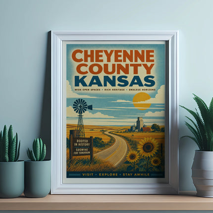 Cheyenne County Kansas poster with windmill, sunflowers, and road.