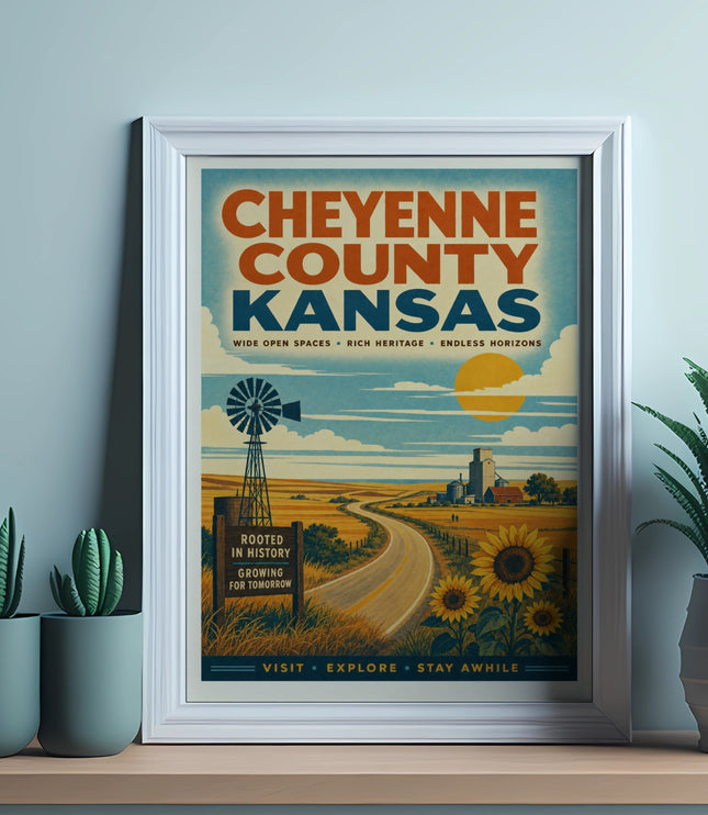 Cheyenne County Kansas poster with windmill, sunflowers, and road.