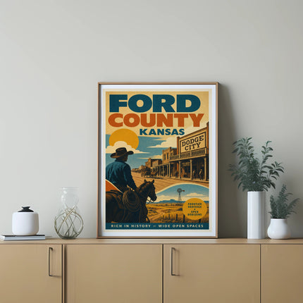 Ford County, Kansas, Dodge City frontier heritage poster with cowboy on horse.