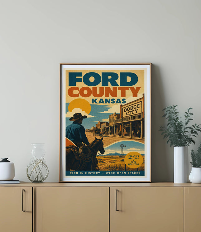 Ford County, Kansas, Dodge City frontier heritage poster with cowboy on horse.