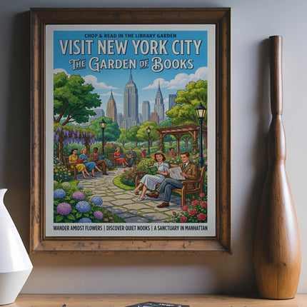 New York City "Garden of Books" poster featuring skyline and people reading.