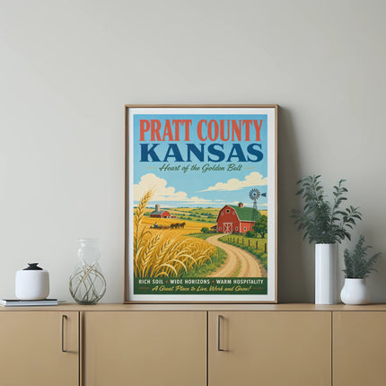 Pratt County Kansas vintage travel poster with farm scene and text.