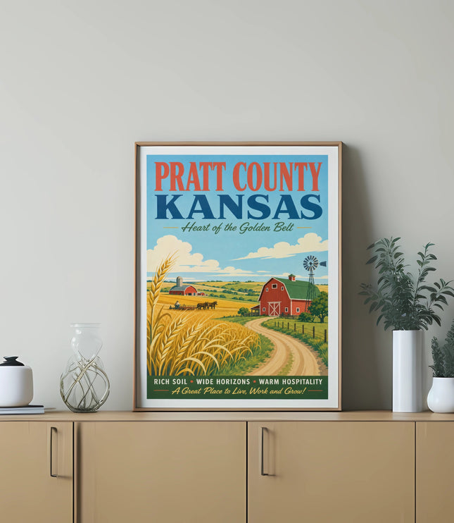 Pratt County Kansas vintage travel poster with farm scene and text.