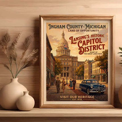 Ingham County, Michigan poster featuring the Capitol District and people with a vintage car.