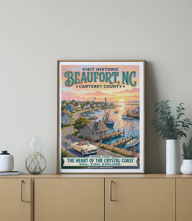 Vintage poster of Beaufort, NC harborfront with a classic car and sailboats.