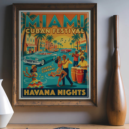 Miami Cuban Festival Havana Nights poster with vintage cars and dancers.