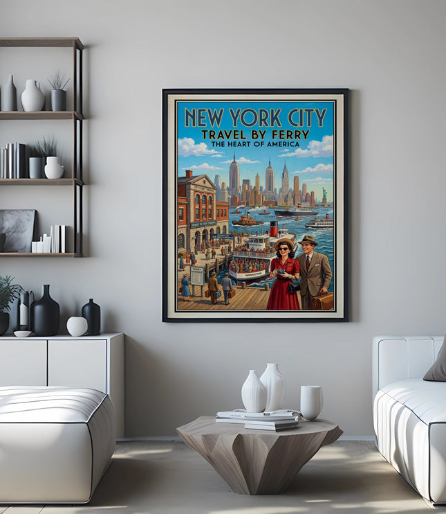 Vintage travel poster advertising New York City by ferry with a couple.
