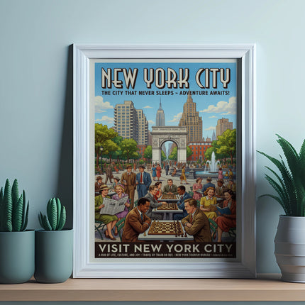 New York City poster with people playing chess in Washington Square.