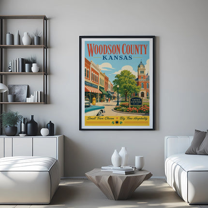 Poster of Woodson County, Kansas with "Yates Center" prominent, depicting a street scene.