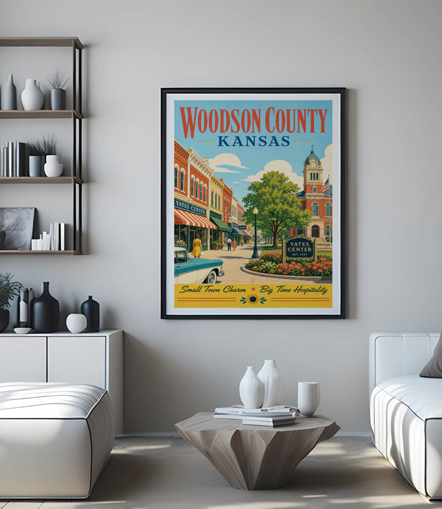 Poster of Woodson County, Kansas with "Yates Center" prominent, depicting a street scene.