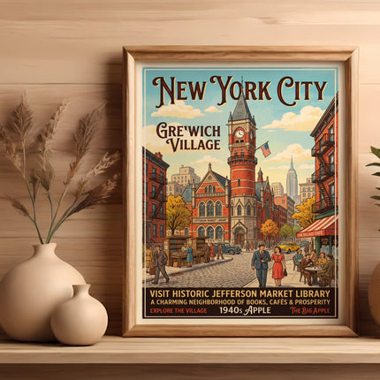 Vintage New York City poster of Greenwich Village featuring Jefferson Market Library and shops.