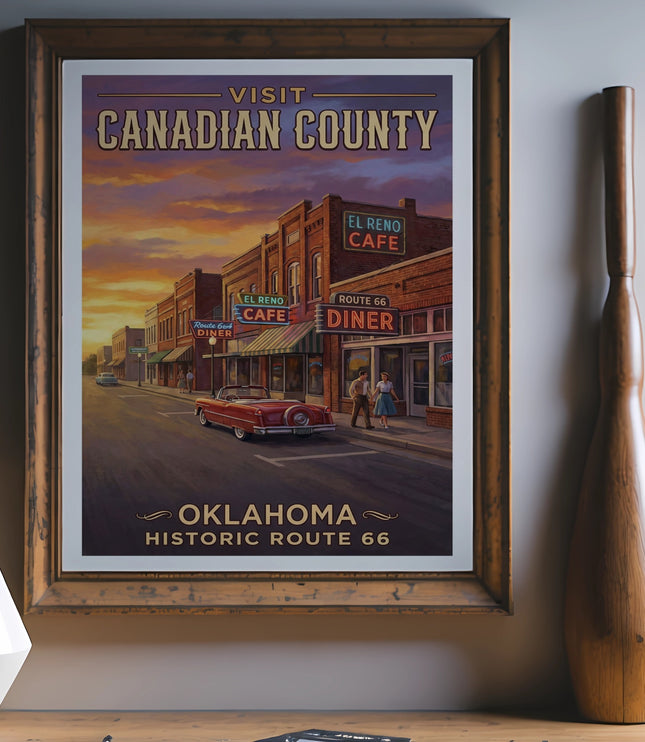 Vintage poster of Canadian County, Oklahoma, featuring El Reno Cafe and Route 66 Diner.