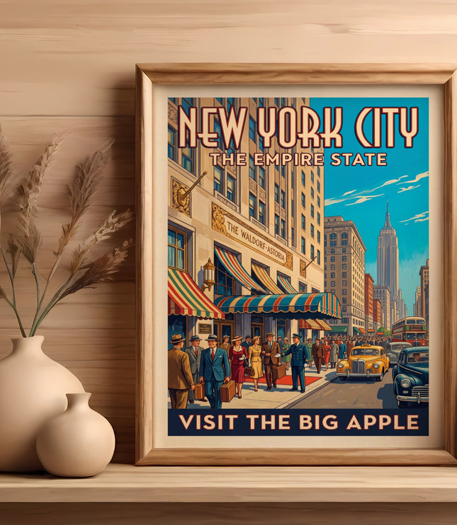 New York City poster with Empire State Building and Waldorf Astoria on wood shelf.