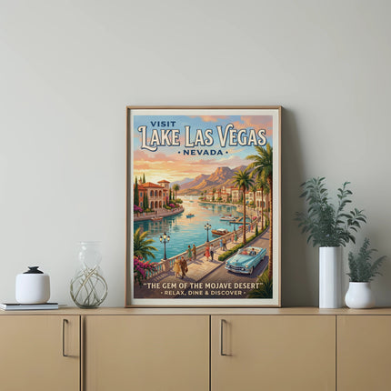 Visit Lake Las Vegas, Nevada art print showing a vintage scene with a turquoise convertible.