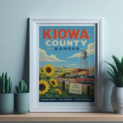 Vintage Kiowa County, Kansas travel poster with sunflowers and town scene.