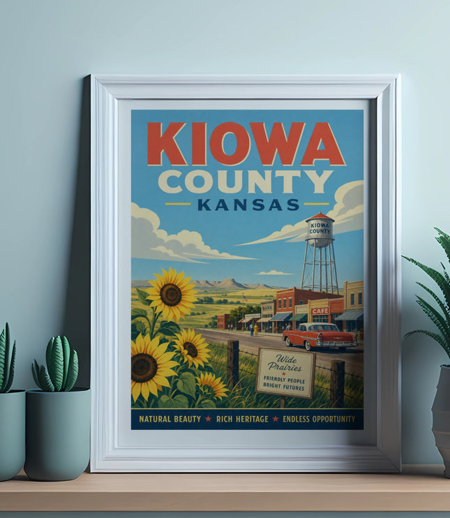 Vintage Kiowa County, Kansas travel poster with sunflowers and town scene.